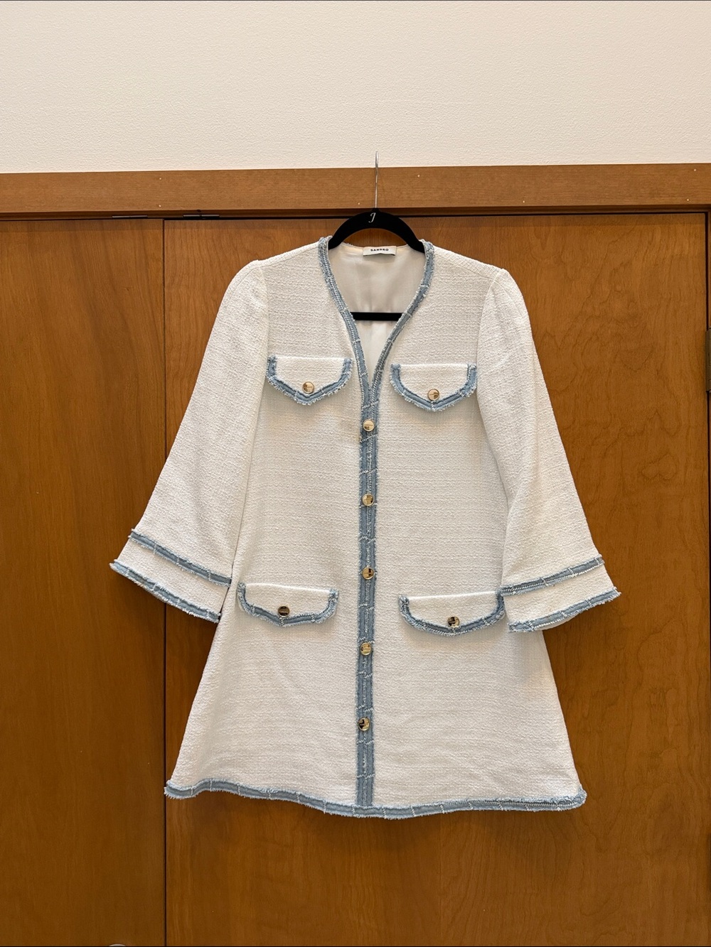 Sandro White Tweed Dress with Blue Trim